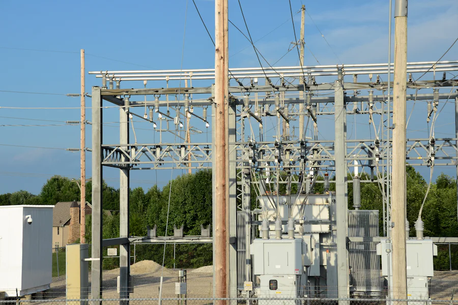 An electrical substation with transformers and overhead lines